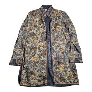 Vtg Y2K Coldwater Creek Black Beige Floral Tapestry Open Front Mandarin Jacket M